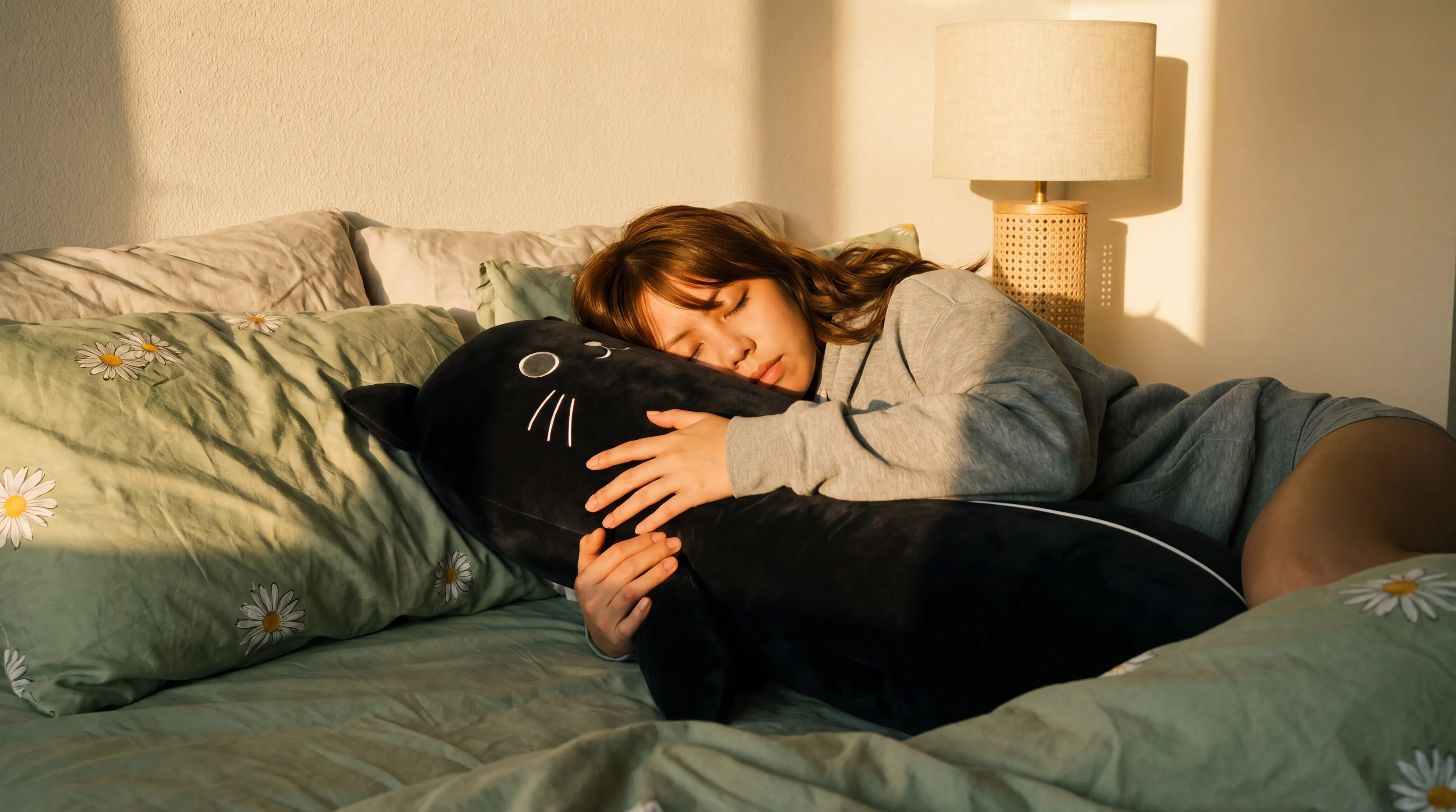 Woman peacefully sleeping while hugging the Mimi black cat body pillow in a warmly lit bedroom