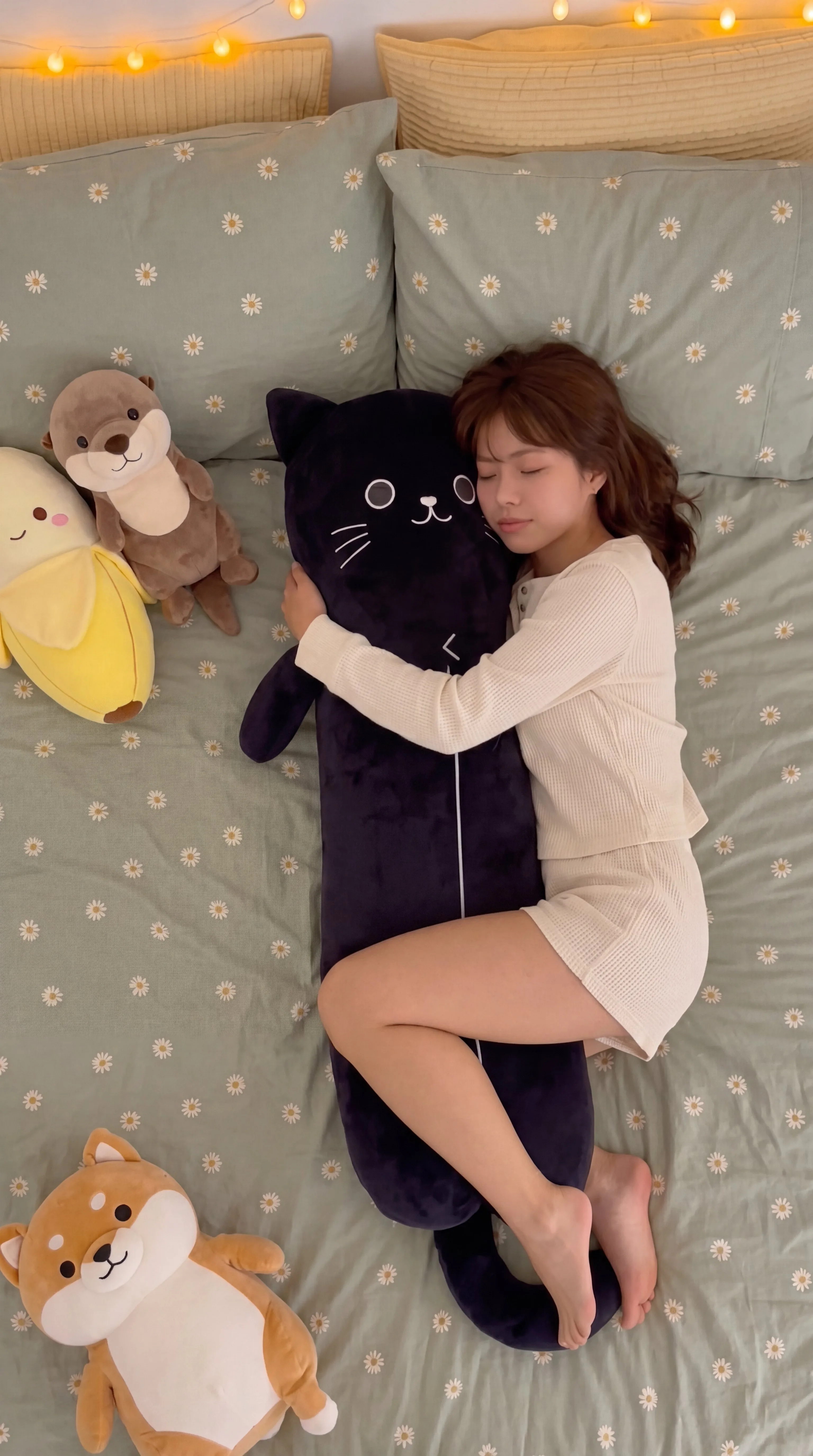 Sleeping with Mimi black cat body pillow on cream waffle bedding