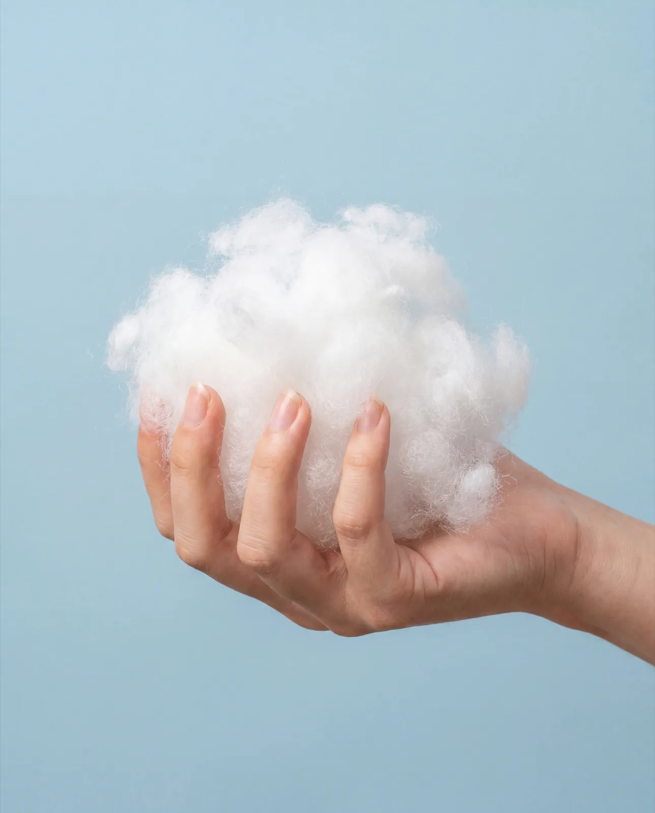 Hand holding a cluster of hypoallergenic pillow fill against a light blue background